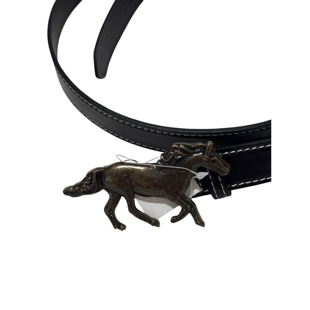 Haute Hippie L black white stick 1” Belt with metal mustang buckle nwt